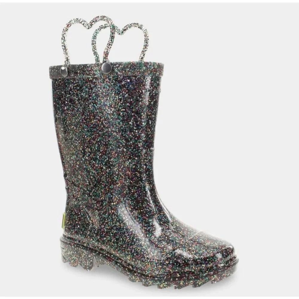 Western Chief Girls Glitter‎ Rubber Pull On Sparkle Rain Boots 8 NEW Light Up